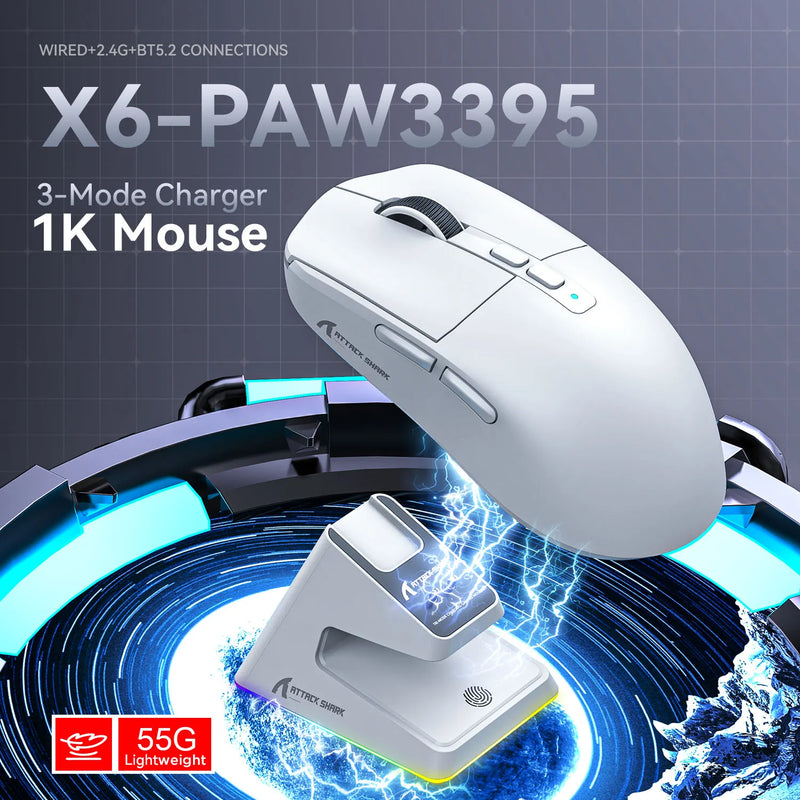 Mouse Bluetooth X6 PAW3395, conexão tri-modo, base de carregamento magnética de toque RGB, mouse macro para jogos