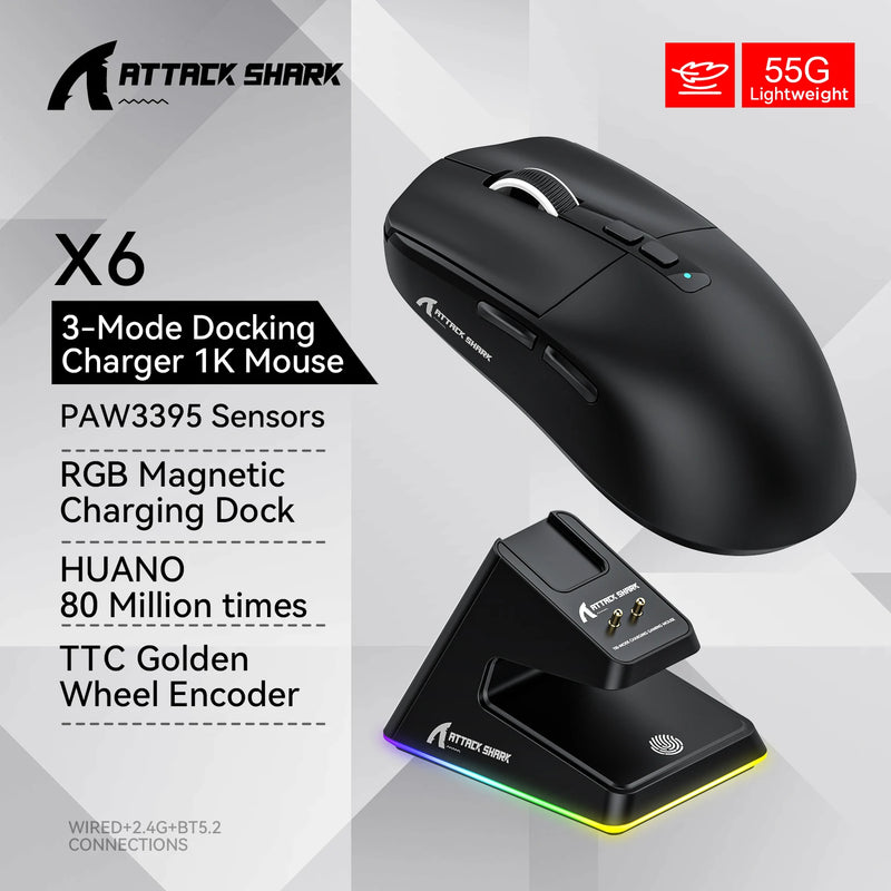 Mouse Bluetooth X6 PAW3395, conexão tri-modo, base de carregamento magnética de toque RGB, mouse macro para jogos