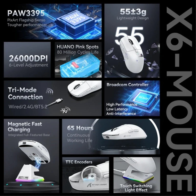 Mouse Bluetooth X6 PAW3395, conexão tri-modo, base de carregamento magnética de toque RGB, mouse macro para jogos